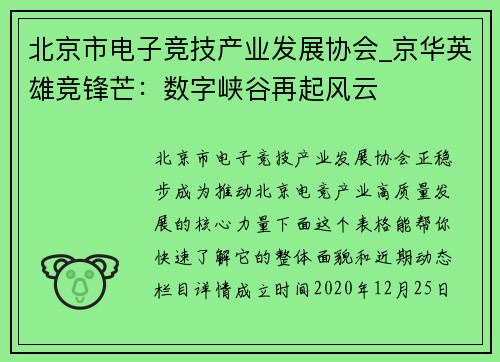北京市电子竞技产业发展协会_京华英雄竞锋芒：数字峡谷再起风云